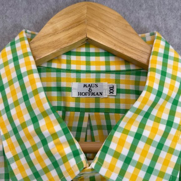 Maus & Hoffman Mens XXL Green‎ Yellow Gingham Short Sleeve Cotton Shirt Buttoned - Picture 4 of 15